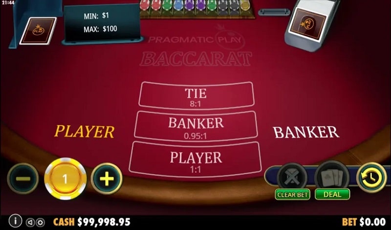 Baccarat game screen with tie, banker and player betting areas and a chip selector