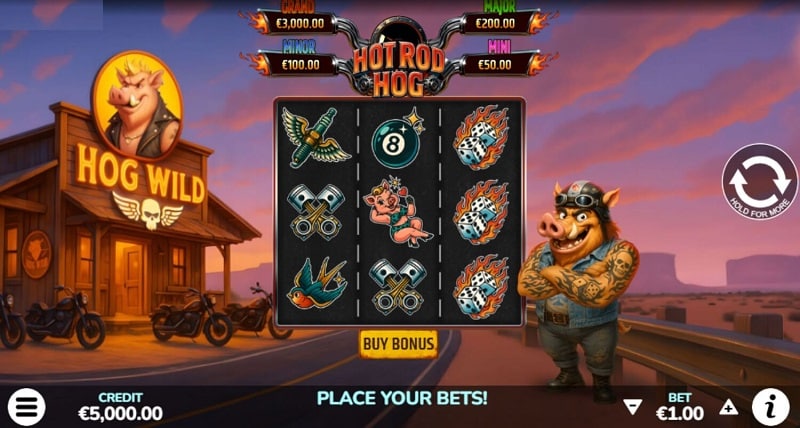Hot Rod Hog slot screen with a tattooed hog character, a three-reel grid and four jackpot tiers