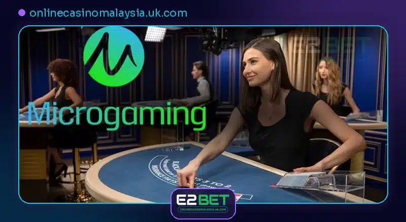 Microgaming live casino dealer at a blackjack table beside the Microgaming logo