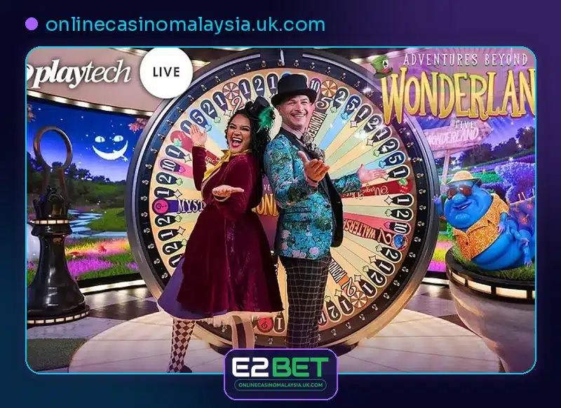 Playtech live game show wheel with two hosts in a colourful Wonderland studio
