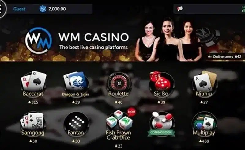 WM Casino live lobby showing baccarat, dragon tiger, roulette and sic bo game tiles